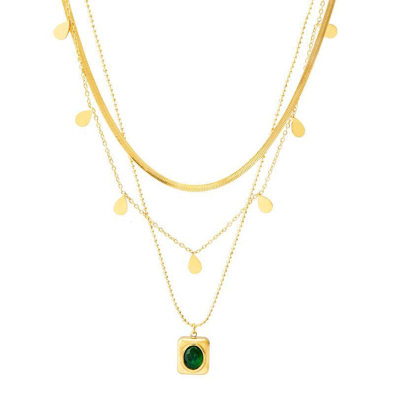 Elegant Multi-layer Water Drop Square Green Zircon Pendant Necklace