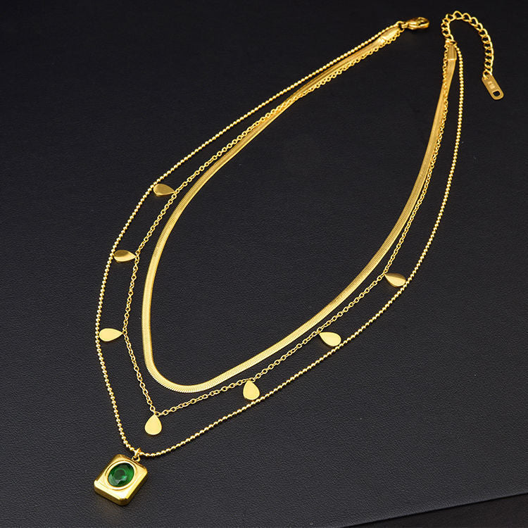 Elegant Multi-layer Water Drop Square Green Zircon Pendant Necklace